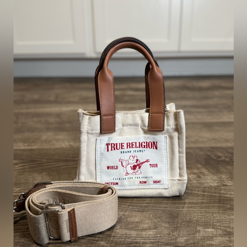 True Religion Tote Womens Mini Travel Shoulder Bag Purse Adj Strap Natural